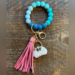 Silicone Bead Bag Charm Bracelet Keychain Pink Faux Leather Tassel